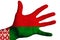 A man showing the flag of Belarus in the palm of his hand