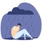 Man is sick with depression. A sad man sits in the rain.