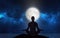 Man silhouette in moonlight, meditation under stars, full moon on night sky