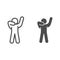 Man silhouette posing line and solid icon. Man in front pose with raised hands outline style pictogram on white