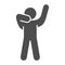 Man silhouette posing solid icon. Man in front pose with raised hands glyph style pictogram on white background. Relax