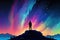 man silhouette stand on cliff look at the colorful sky with aurora borealis