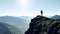 Man silhouette stay on sharp rock peak. Satisfy hiker enjoy view. Tall man on rocky cliff watching down to landscape. Generative