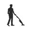 Man silhouette with vacuum cleaner. Isolated housework scene. Sweeper boy vacuuming floor