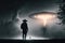 A man silhouetted by a giant UFO by Keith Parkinson, misty, dramatic, epic, cinematic