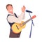 Man Singer and Musician with Microphone and Guitar Performing Music on Stage Vector Illustration
