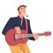 Man Singer and Musician with Microphone and Guitar Performing Music on Stage Vector Illustration