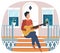 Man sings song. Guy sitting on doorstep of his house and plays guitar. Person creates music