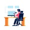 man sit working on desk for speech audio recognition translation to text artificial technology flat illustration