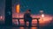 Man sits on chair alone in lonely night with rain