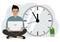 A man sits cross-legged and holds a laptop. Next to the big clock. Time management concept, little time, much time