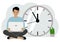 A man sits cross-legged and holds a laptop. Next to the big clock. Time management concept, little time, much time