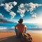 Man sits on sandy beach looking at clouds in the shape of a world map