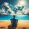 Man sits on sandy beach looking at clouds in the shape of a world map