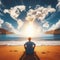 Man sits on sandy beach looking at clouds in the shape of a world map