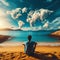 Man sits on sandy beach looking at clouds in the shape of a world map