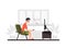 Man sits on a sofa and plays game console. Color illustration.