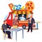A man sits at a table next to a truck selling pizza, an elderly man and a businessman want to buy food, isolated object
