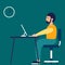 A man sits on the workplace at the office. Vector illustration in a flat style