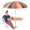 Man sitting alone at a round table with an umbrella, loneliness, isolated object on a white background,