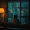 Man sitting on the bed at night and looking out the window in the rain.