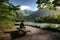 Man sitting on bench alone in Kamikochi national park