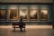Man Sitting on Bench Surrounded by Paintings in Art Gallery. Generative AI.