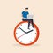 Man sitting on clock with a laptop. Time management concept. Vector illustration