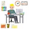 Man sitting at computer in office. Cartoon flat illustration