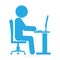 Man sitting front of computer on work table blue icon