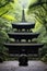 A man sitting in front of a pagoda in a forest. AI.