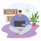 Man sitting home surf internet with gadget tablet, online modern life, remote freelander work flat vector illustration