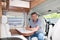 Man sitting interior of camping car motor home in vanlife style in modern campervan