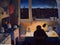 A man sitting in the kitchen in the evening, oil painting