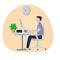 Man sitting in ofice and working on computer. Correct comfortable position. Vector clipart of character in interior