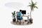 man sitting at pc office workplace in isolated tropical island environment infinite background speech bubble workload stress