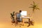 man sitting at pc office workplace in tropical island isolated infinite background workload stress burnout concept 3D