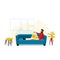 Man Sitting on Sofa at Living Room. Relax or Working on Comfortable Couch on Evening or Weekend at Home. Flat Vector Illustration