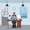 Man sitting workplace cabinet file desk laptop window clock