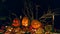 Man, skeleton, lights candles in Halloween monster pumpkins