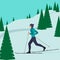 Man skier in motion on a snowy hill among the fir trees. Cross country skiing man. Young man on skies. Vector illustration in flat