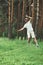 Man slacklining walking and balancing on a rope, slackline outdoors in forest