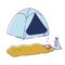 Man sleep in sleeping bag outdoors camping tent. Camper recreation and hiking travel concept