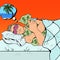 Man Sleeping in Bed with Money Bags and Dreaming about Vacations. Pop Art retro illustration