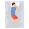 Man sleeps on side. Man in pajamas sleeping on bed. Top view, vector illustration