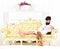 Man sleepy in bathrobe drinks coffee in luxury hotel in morning, white background. Man with beard and mustache enjoys