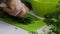 A man slices parsley. With a knife on the cutting Board. Next to the table there is a lot of parsley and beet tops. Close up