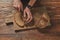 Man slicing tasty fresh bread.