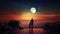 man and small boy standing on roof terrace and watch starry sky and moon and city blurred light on horizon