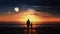 man and small boy standing on roof terrace and watch starry sky and moon and city blurred light on horizon